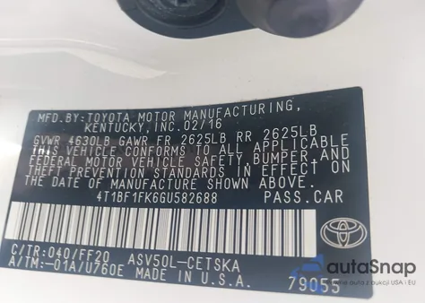 2016 Toyota Camry Se z USA, uszkodzony, nr VIN 4T1BF1FK6GU582688